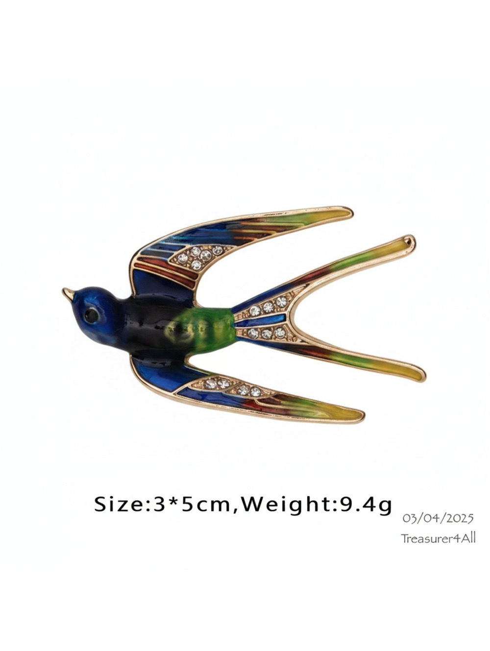 Swallow Bird Brooch Pin Blue Green Enamel Rhinestone Gold Tone Jewelry